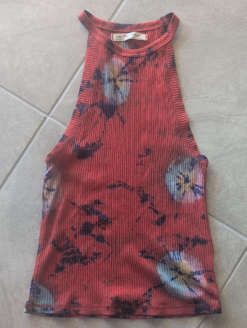 We The Free Red Ribbed Floral Halter Tank with Blue and Orange Accents